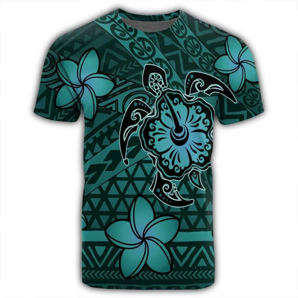Hawaii Mix Polynesian Turtle Plumeria T-Shirt - AH - Nick Style - Turquoise