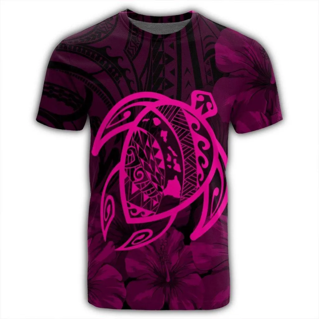 Hawaiian Map Turtle Kanaka Hibiscus Polynesian T-Shirt - Pink - AH