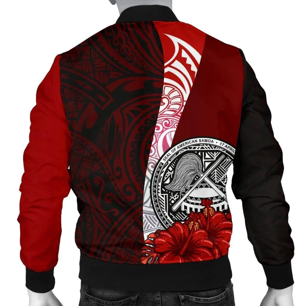 American Samoa Polynesian Custom Personalised Mens Bomber Jacket - Coat Of Arm With Hibiscus