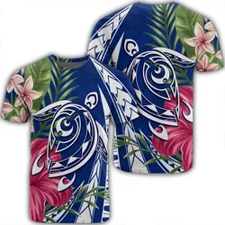 Hawaii Polynesian Turtle Tropical Hibiscus Plumeria T-Shirt - Blue - AH