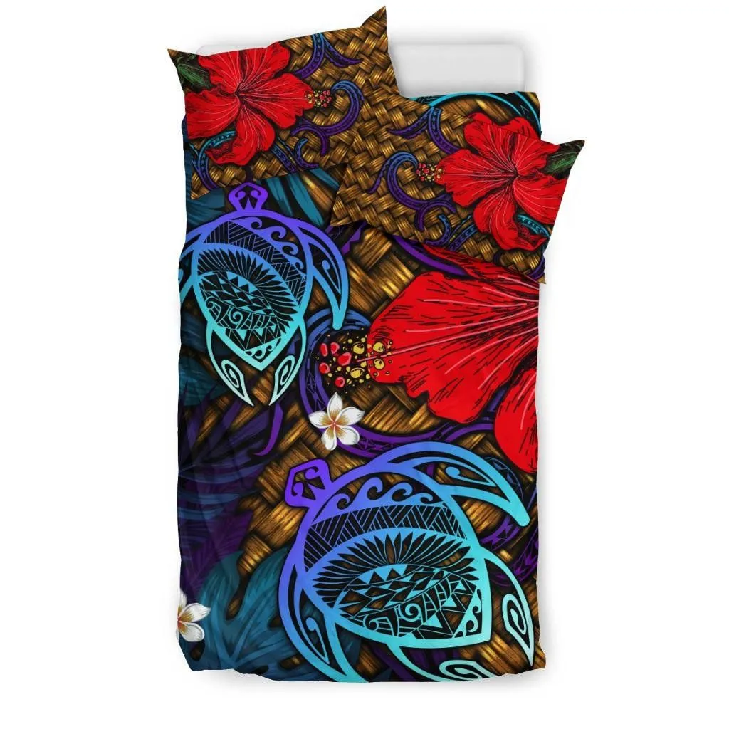 FamilyGater Home Set - Hawaii Lauhala Hibiscus Polynesian Tropical Blue Bedding Set - Wake Style - AH - J4