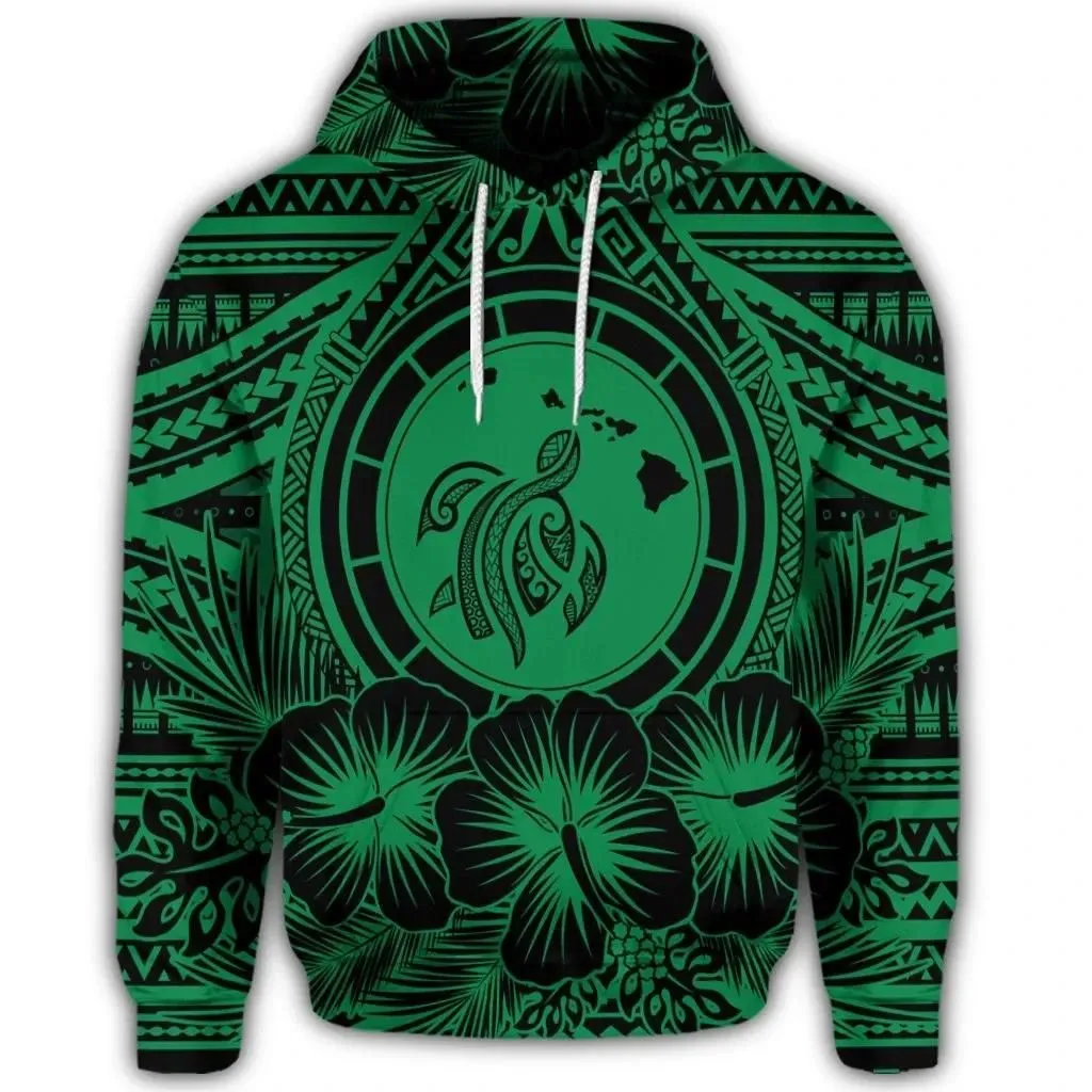 Alohawaii Hoodie - Hawaiian Map Honu Hibiscus Tropic Green Polynesian Hoodie - AH - JGR