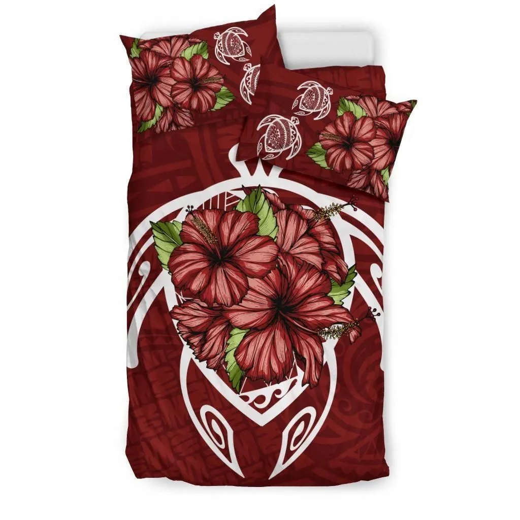 FamilyGater Bedding Set - Cover and Pillow Cases Hawaiian - Hawaii Turtle Hibiscus Polynesian - Red One - AH J4