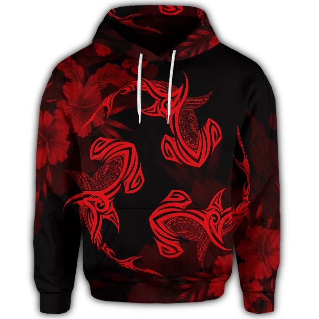Hawaiian Hammerhead Shark Hibiscus Red Polynesian Hoodie