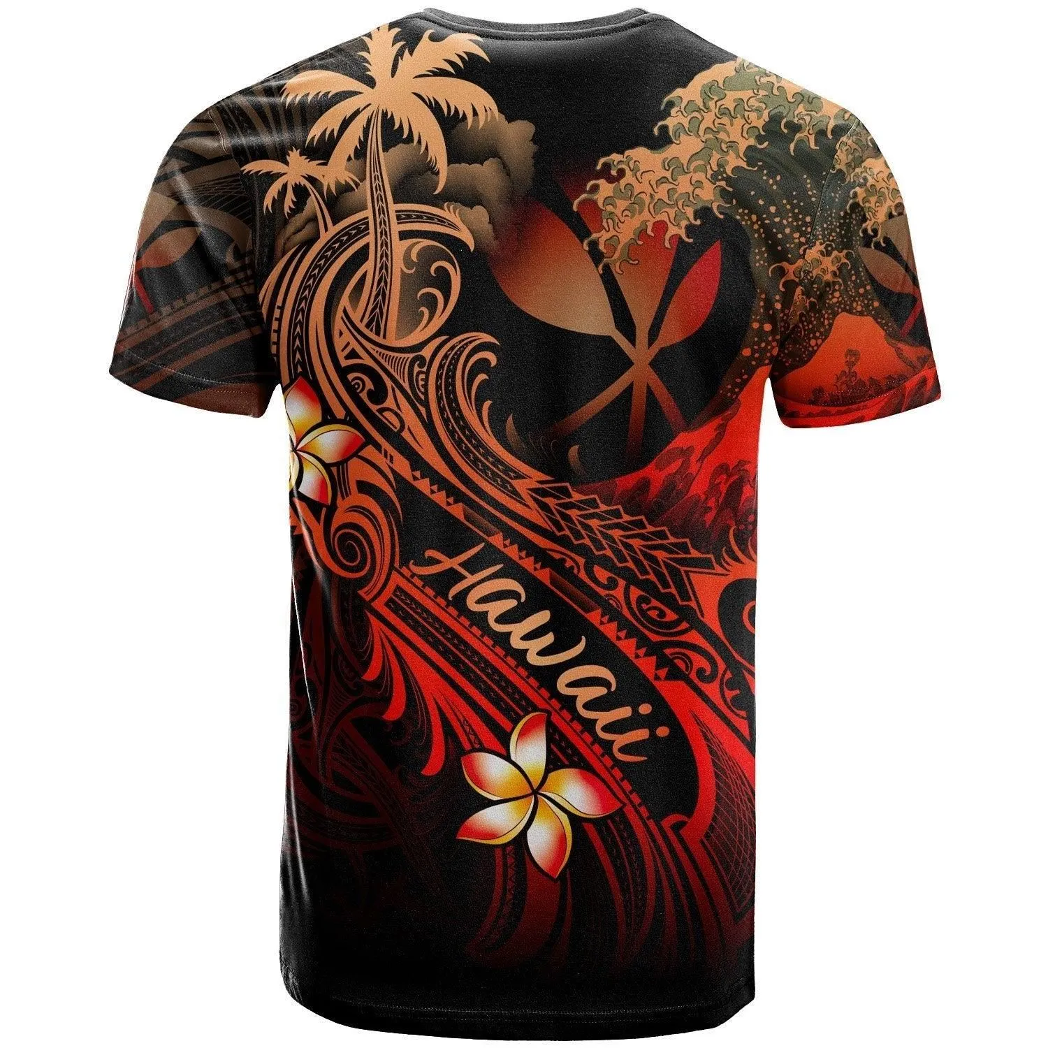 Hawaii Polynesian T Shirt - Plumeria Flowers And Waves