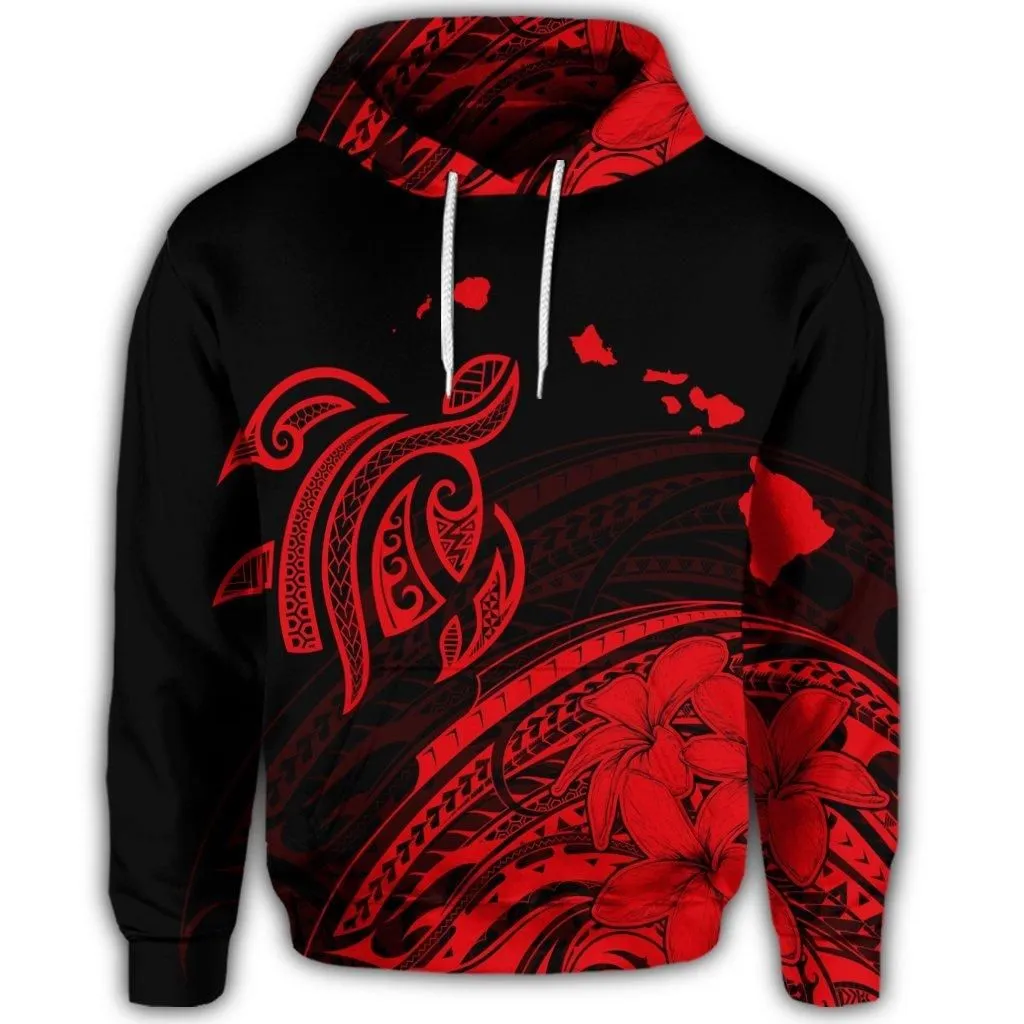 Hawaiian Turtle Polynesian Map Plumeria Hoodie Red