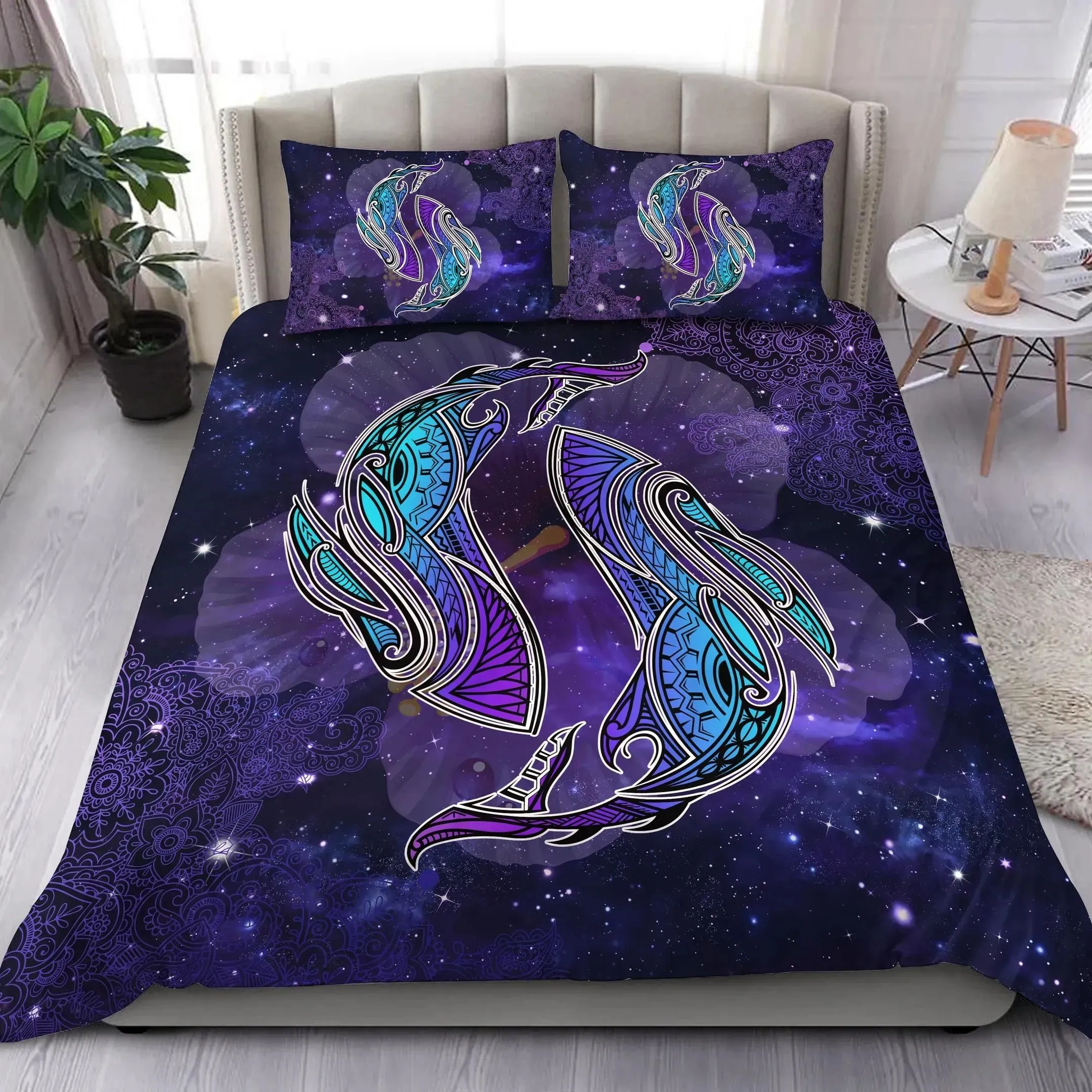 FamilyGater Home Set - Hawaii Shark Hibiscus Polynesian Galaxy Bedding Set - Milky Style - AH - J2