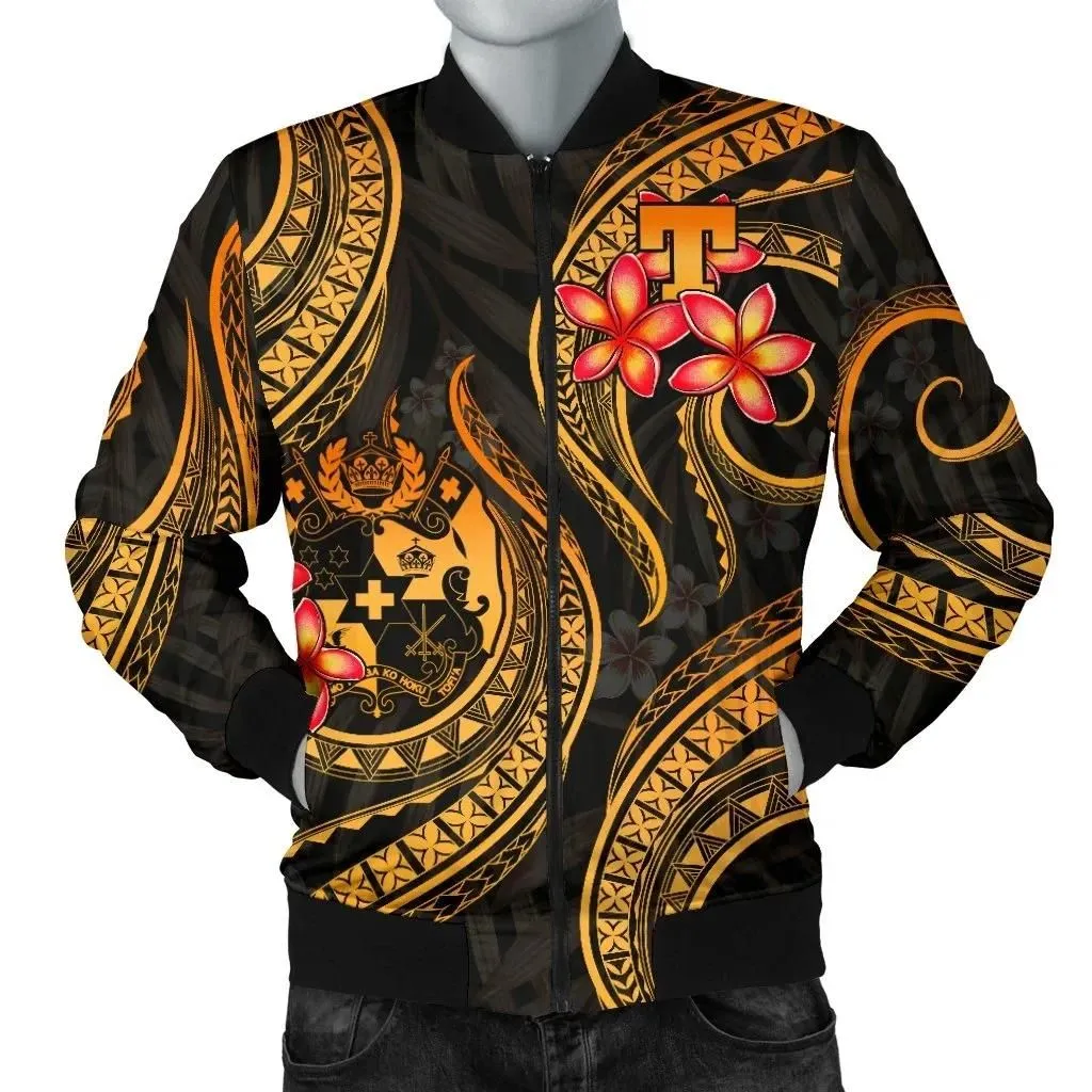 Tonga Polynesian Men Bomber Jacket - Gold Plumeria - BN11