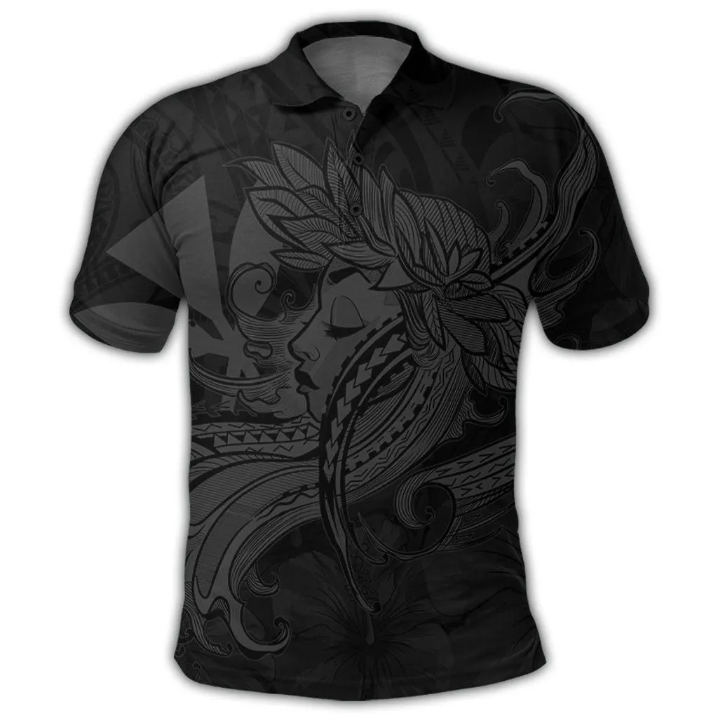 Hawaiian Map Hula Girl Hibiscus Kanaka Polynesian Polo Shirt - Gray