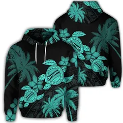 Hawaiian Turtle Plumeria Coconut Tree Polynesian Hoodie - Turquoise
