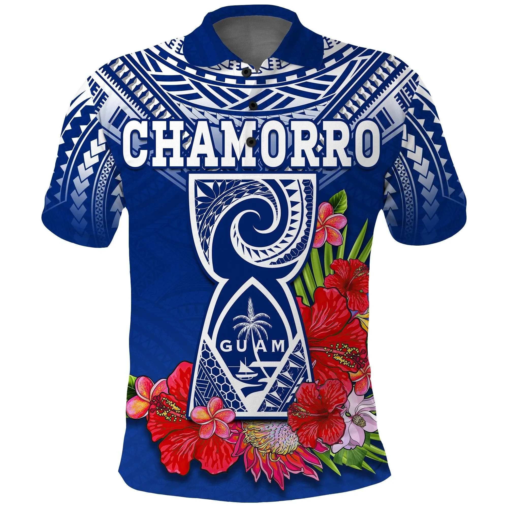 (Custom Personalised) Guam Chamorro Polo Shirt Guaman Latte Stone Tropical Flowers Blue Version LT14