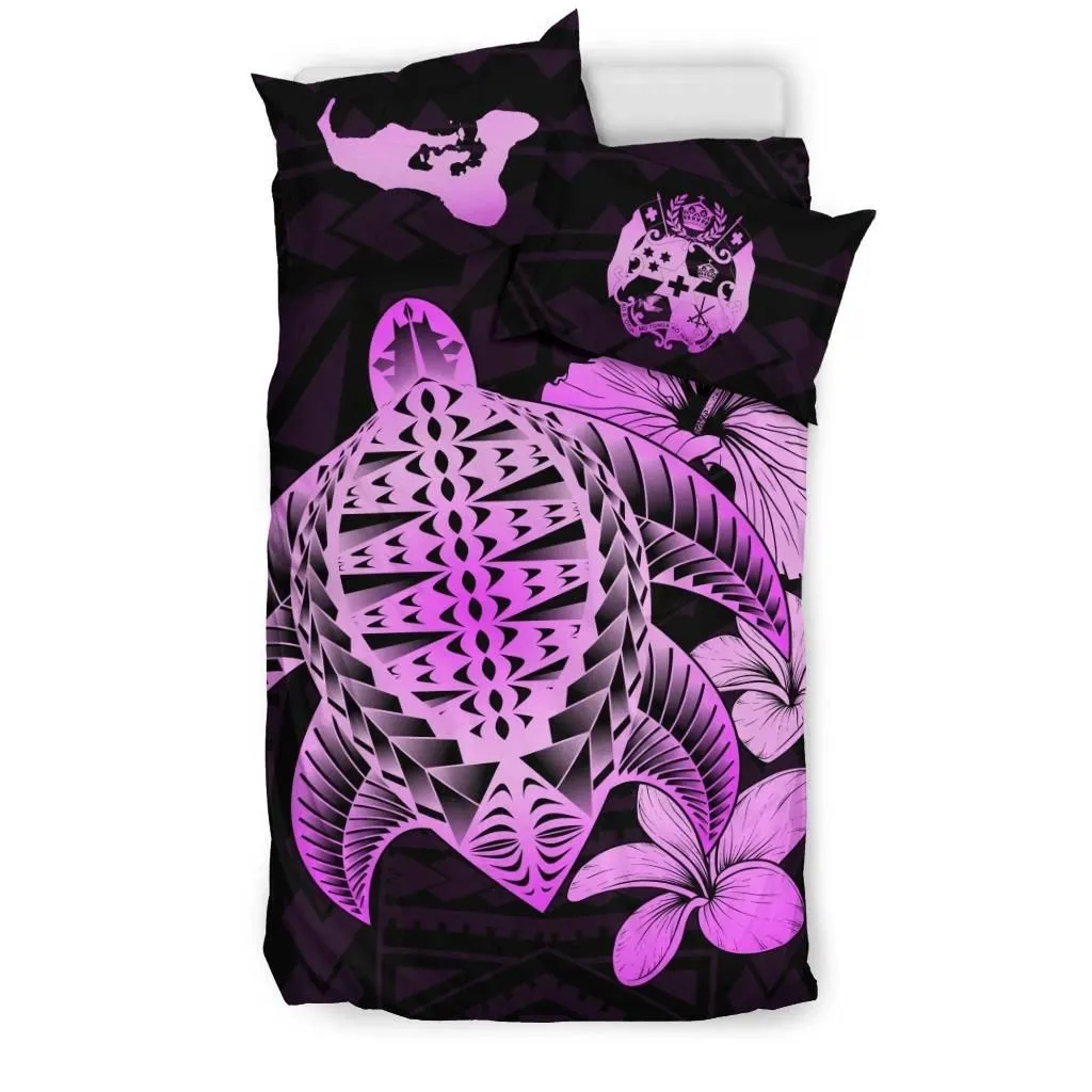 FamilyGater Bedding Set - Cover and Pillow Cases Tongan Hibiscus Plumeria Mix Polynesian Turtle Pink J1