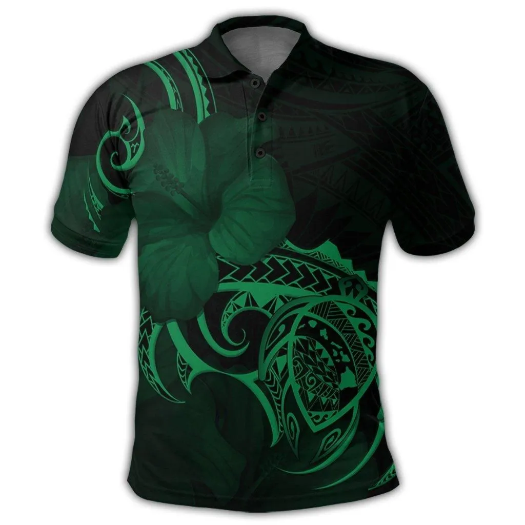 Hawaii Map Turtle Hibiscus Divise Polynesian Polo Shirt Green - AH