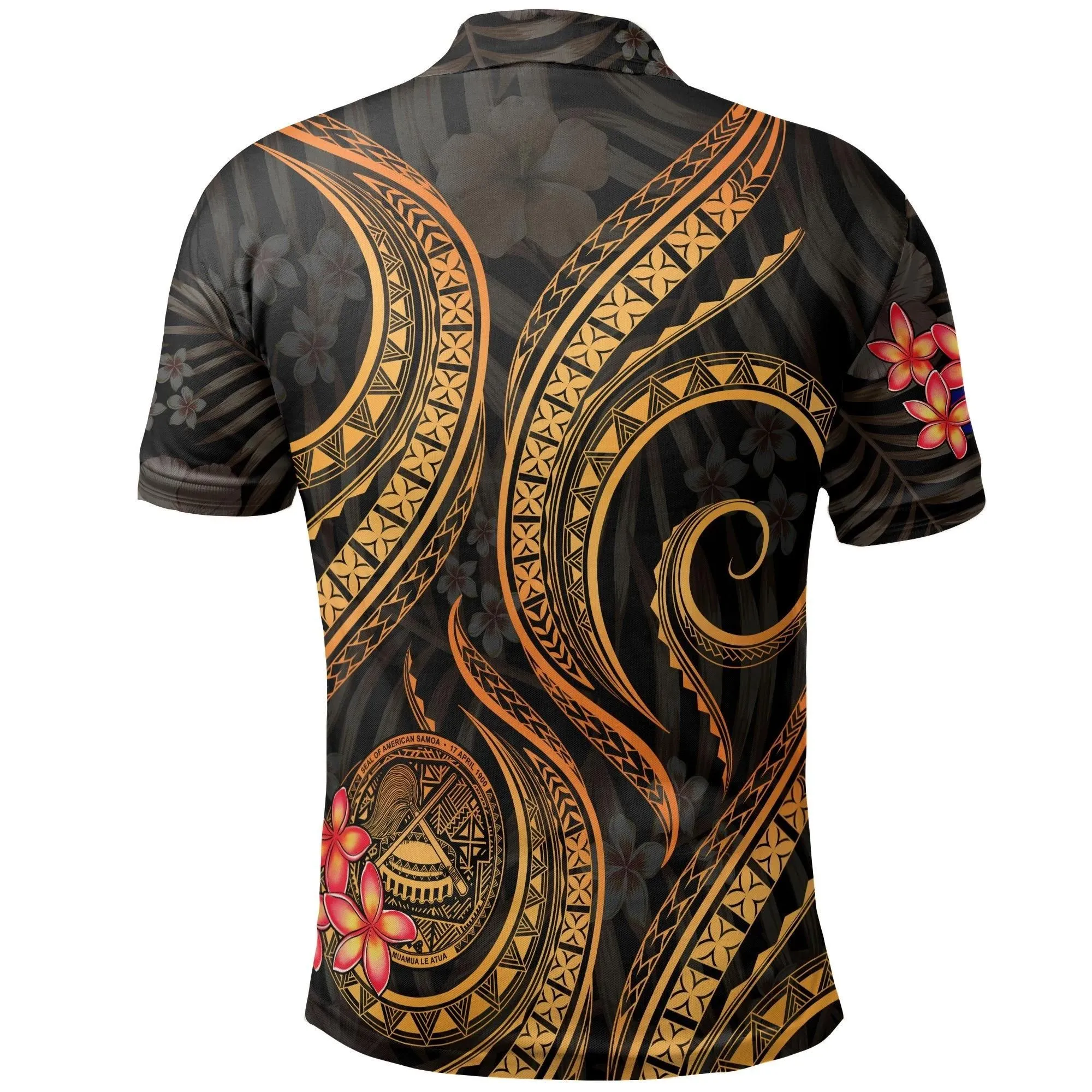 American Samoa Polo Shirt - American Samoa Flag Seal Tentacle Plumeria Black Gold - BN11
