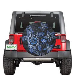 Kanaka Map Hibiscus Plumeria Turtle Art Blue Polynesian Spare Tire Cover AH