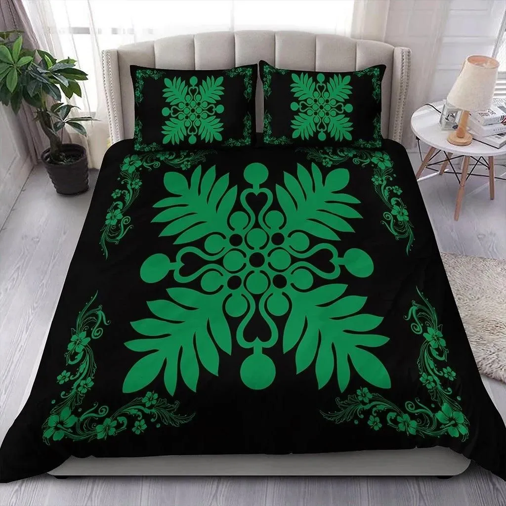 Alohawaii Home Set - Hawaiian Quilt Maui Plant And Hibiscus Pattern Bedding Set - Green Black - AH J8
