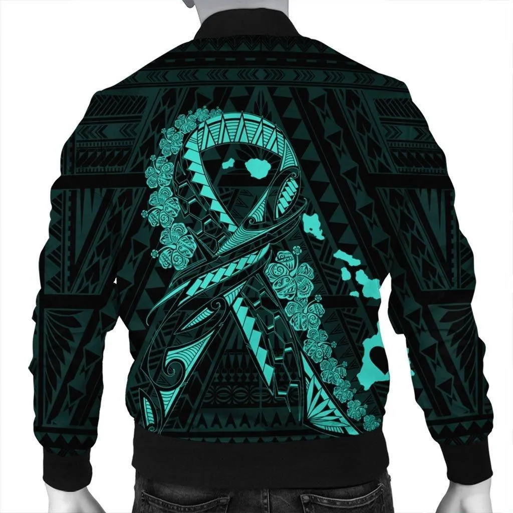 Hawaiian Map Heart Ribbon Cancer Hibiscus Turquoise Polynesian Bomber Jacket