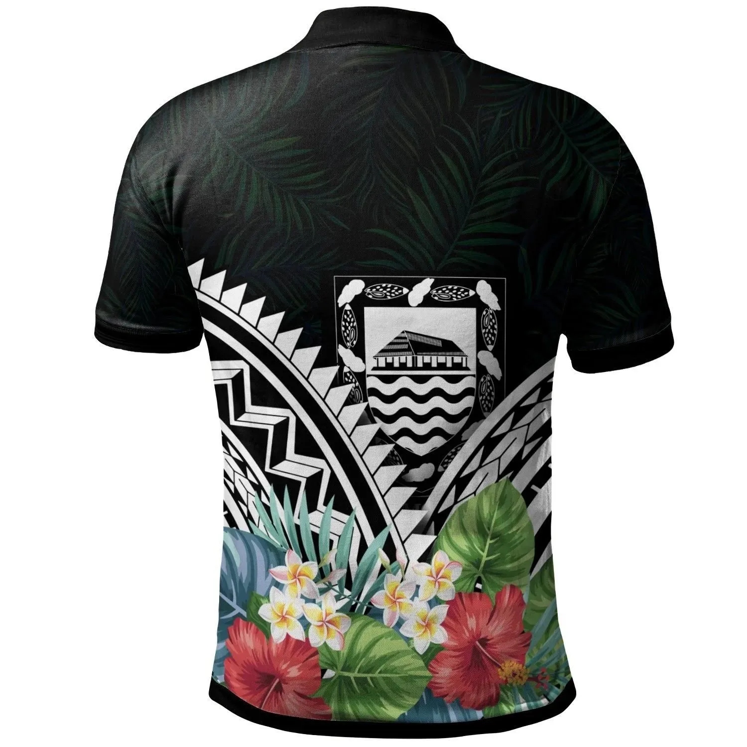 Tuvalu Polo Shirt - Tuvalu Coat of Arms & Polynesian Tropical Flowers White - BN22