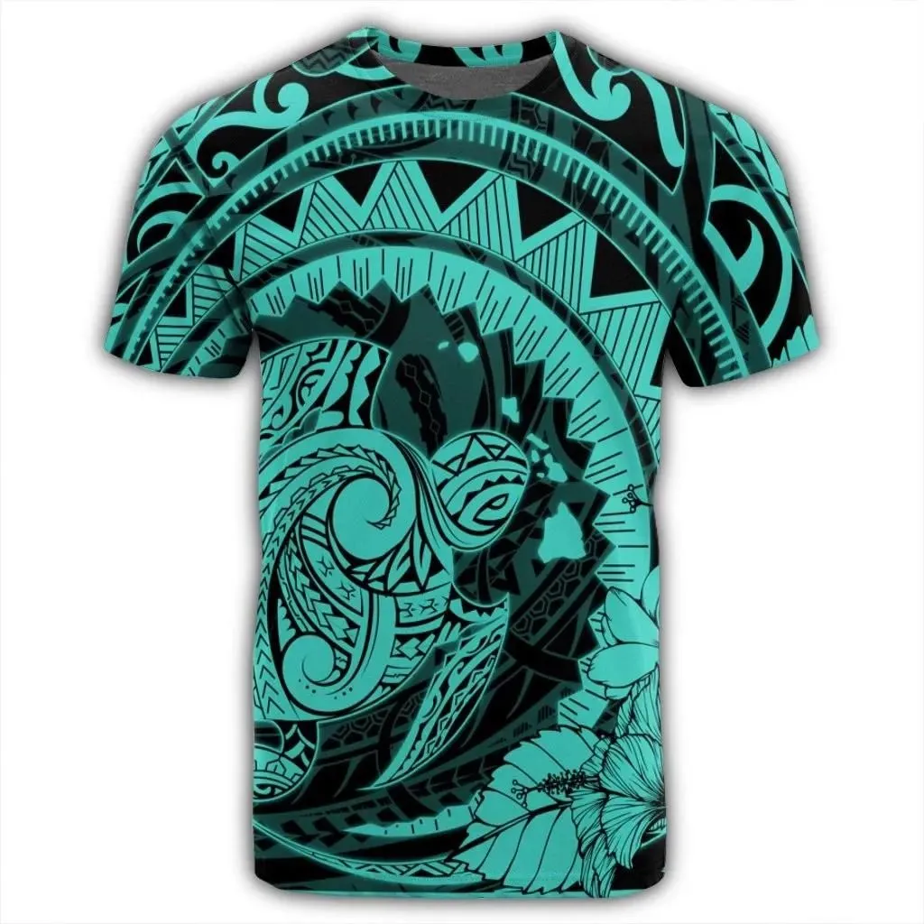 Alohawaii Tee - Hawaiian Kanaka Honu Map Hibiscus Globular Polynesian Turquoise T-shirt AH - JR