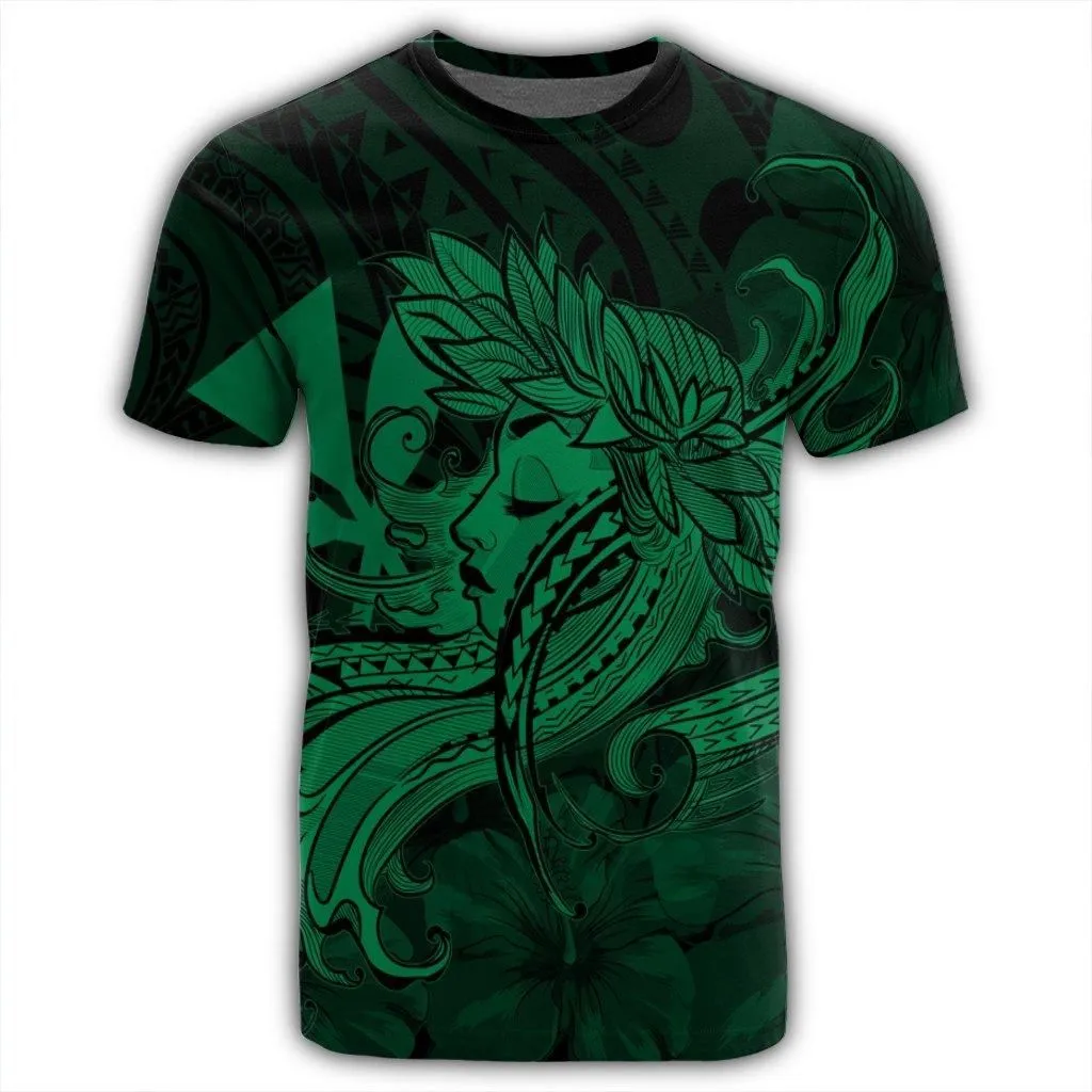 Hawaiian Map Hula Girl Hibiscus Kanaka Polynesian T-Shirt - Green - AH