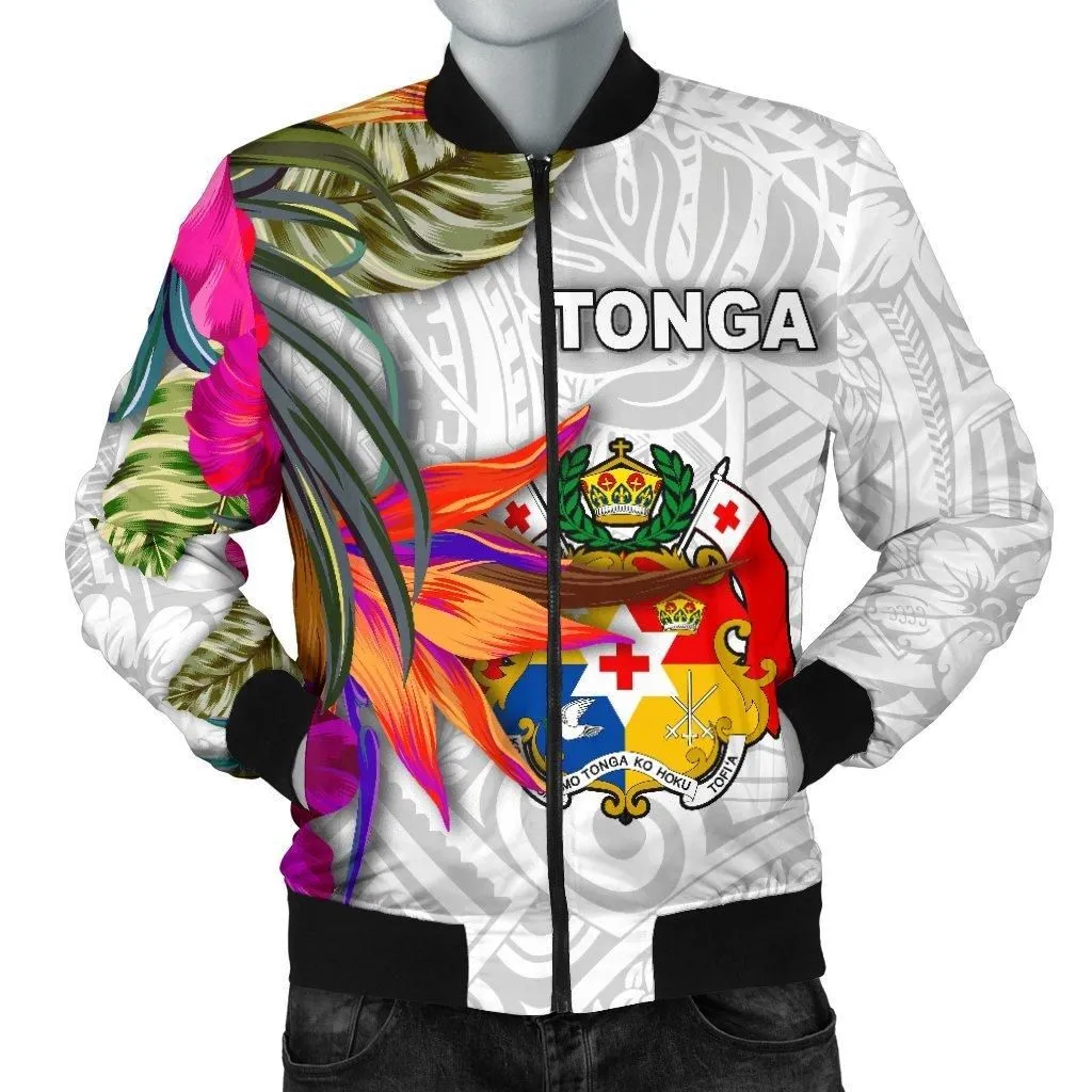 Tonga Mens Bomber Jacket Polynesian Hibiscus White Pattern