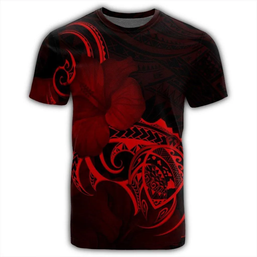 Hawaii Map Turtle Hibiscus Divise Polynesian T-Shirt Red - AH