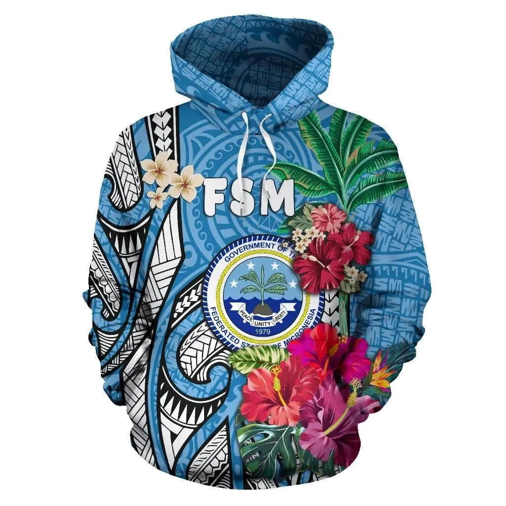Alohawaii Clothing - Hoodie Federated States of Micronesia Blue Polynesian with Hibiscus TH5