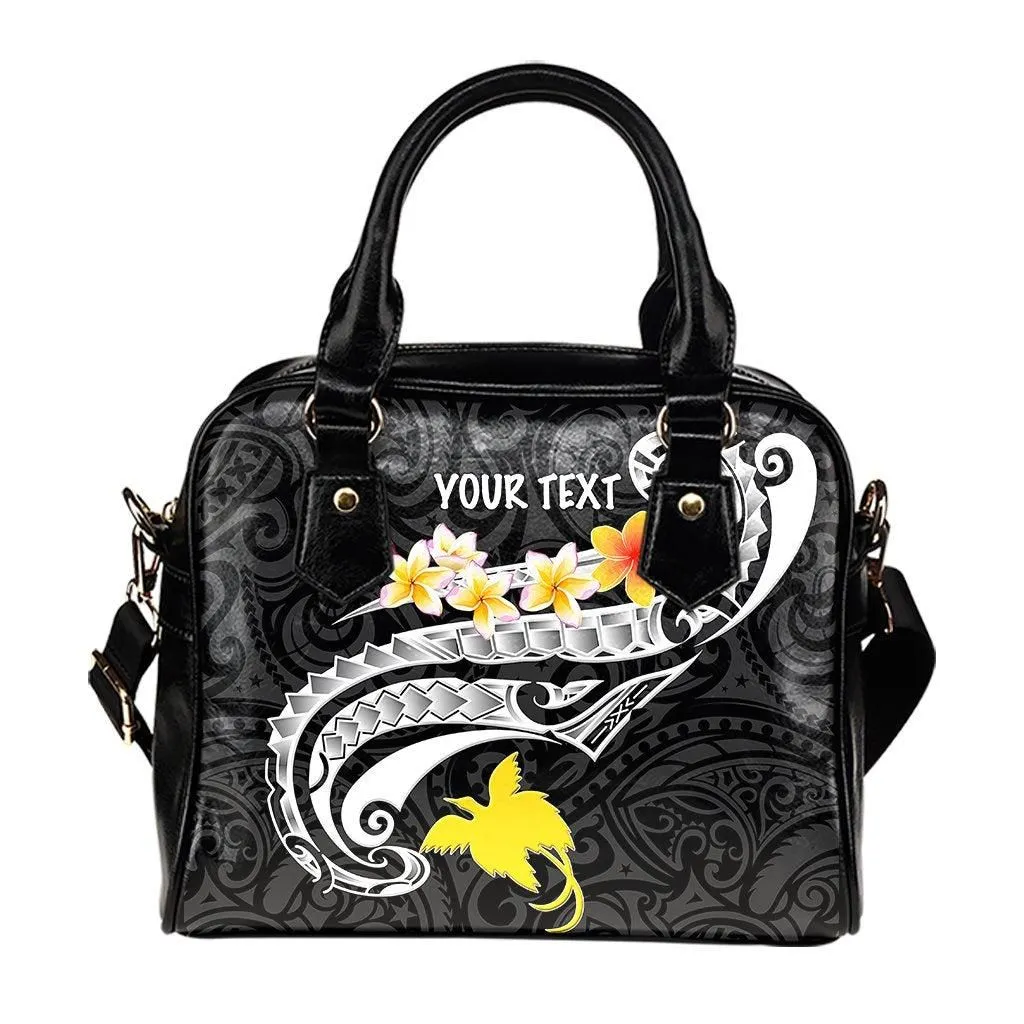 Papua New Guinea Custom Personalised Shoulder Handbag - PNG Seal Polynesian Patterns Plumeria (Black)