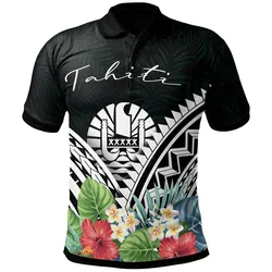 Tahiti Polo Shirt - Tahiti Coat of Arms & Polynesian Tropical Flowers White