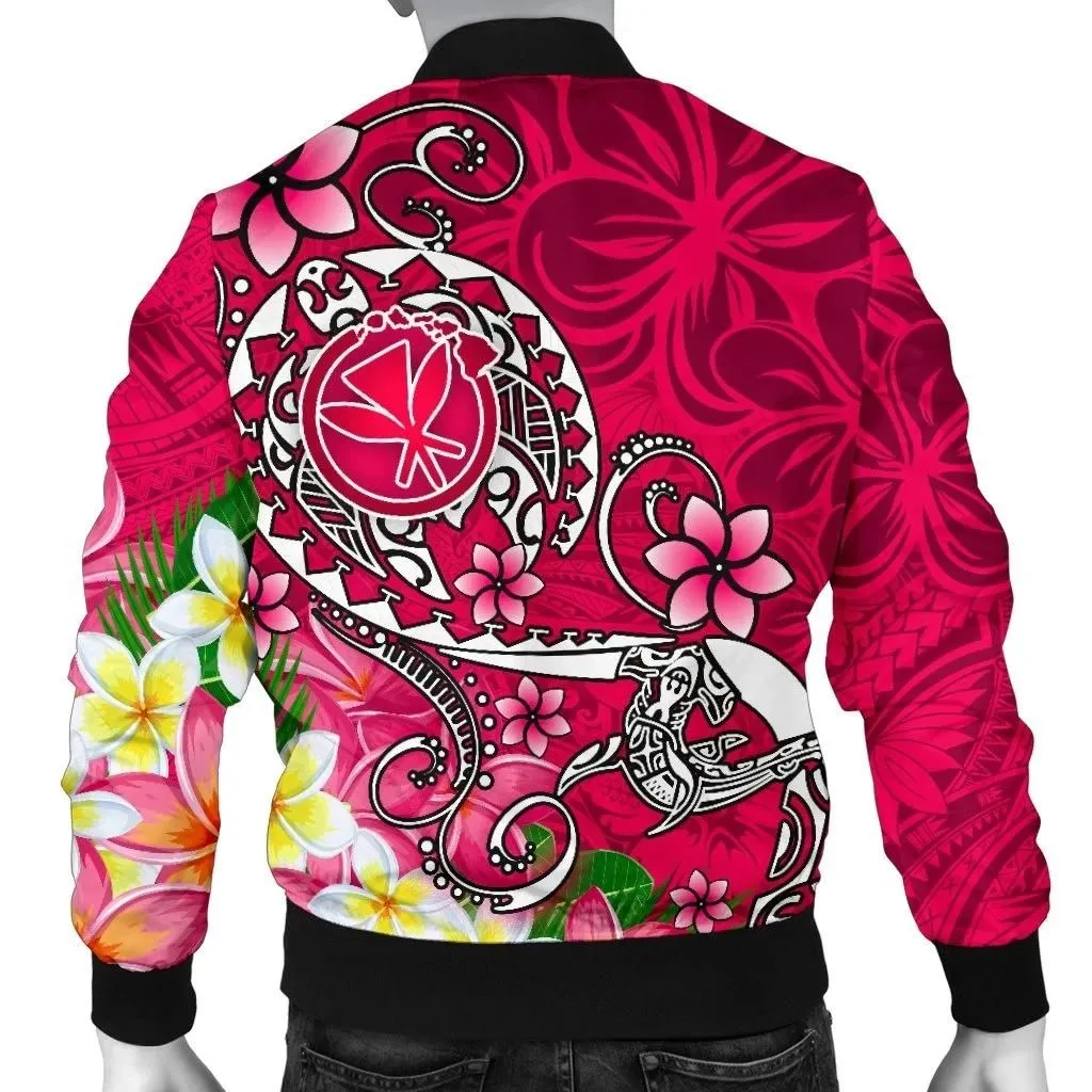 Hawaii Men's Bomber Jacket - Turtle Plumeria Polynesian Tattoo Pink Color - BN18