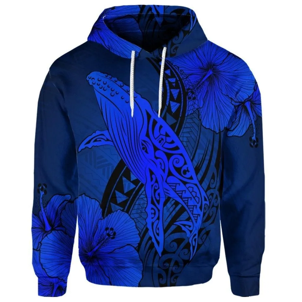 (Personalised) Hawaiian Map Whale Swim Hibiscus Polynesian Hoodie - Blue