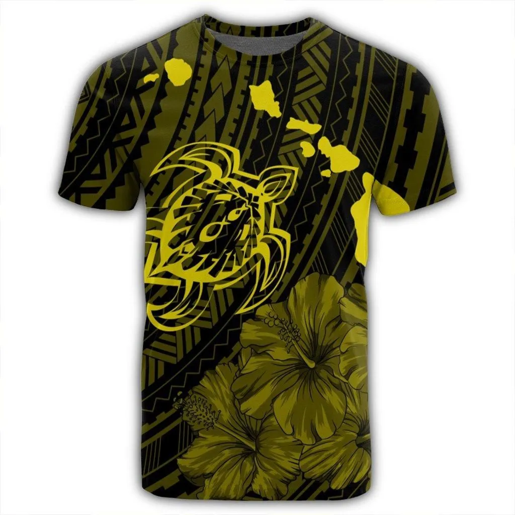 Hawaiian Hibiscus Sea Turtle Swim Polynesian T-Shirt - Yellow - AH
