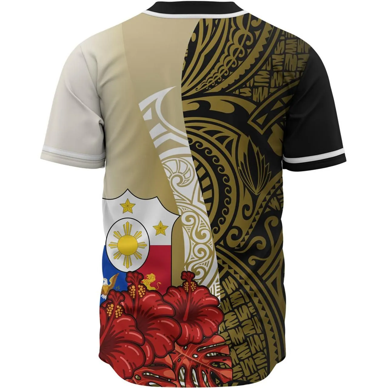 Philippines Polynesian Custom Personalised Baseball Shirt - Coat Of Arm With Hibiscus Gold