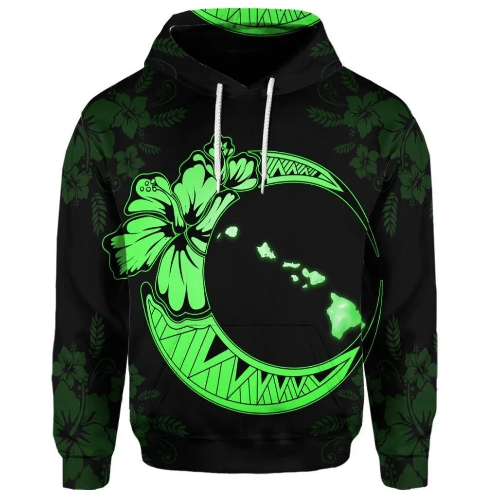 (Personalised) Hawaiian Map Hibiscus Turtle Polynesian Moon Hoodie Green - AH