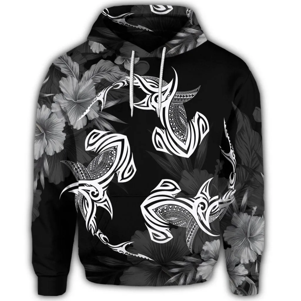 Hawaiian Hammerhead Shark Hibiscus White Polynesian Hoodie