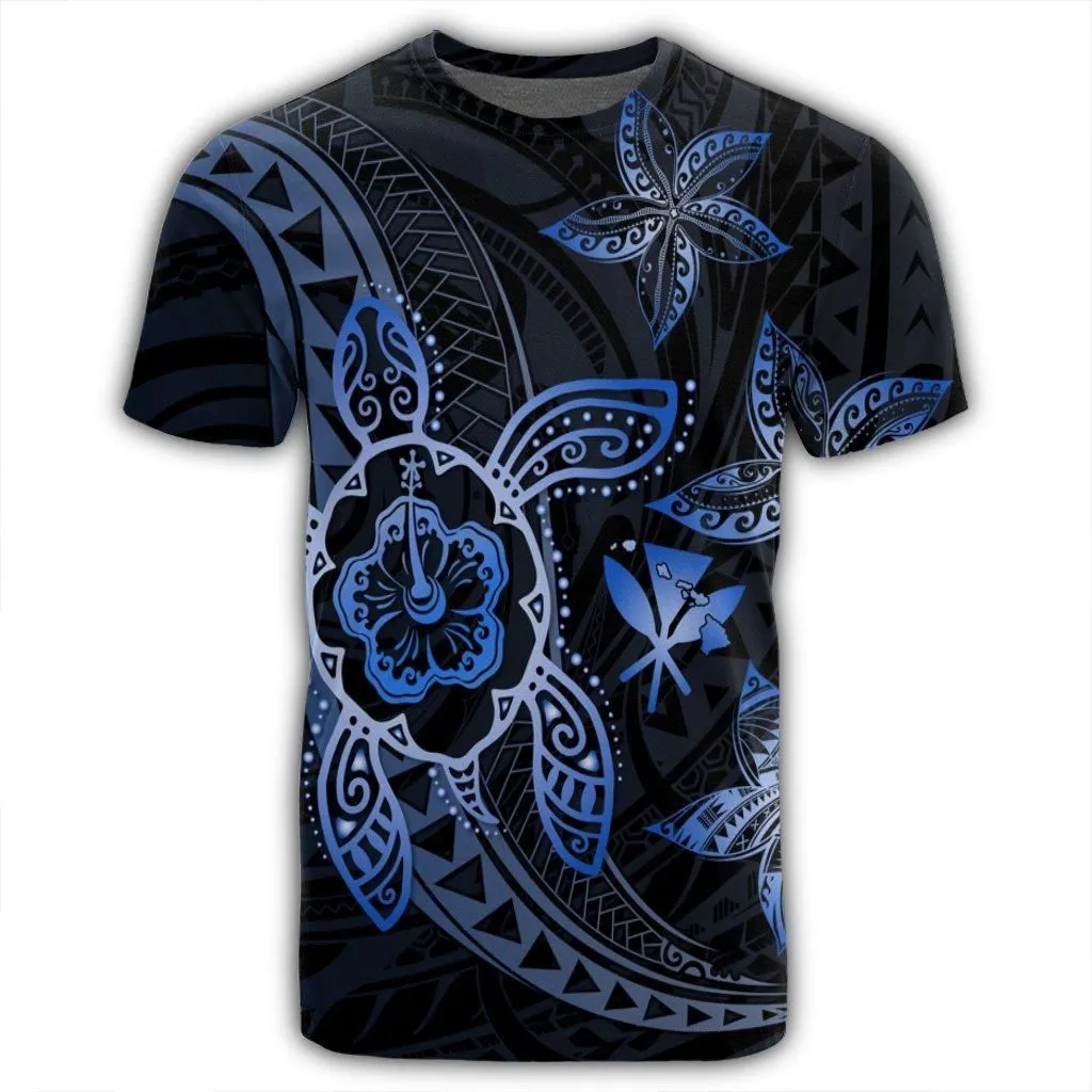 Kanaka Map Hibiscus Plumeria Turtle Art Blue Polynesian T-Shirt - AH