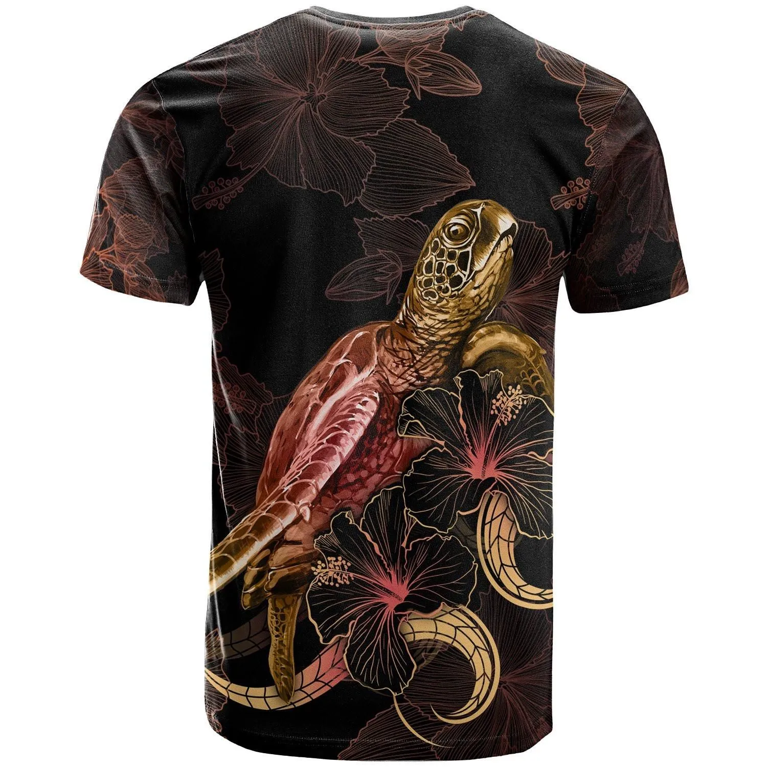 Alohawaii T-Shirt - Tee Tokelau Polynesian - Turtle With Blooming Hibiscus Gold - BN22
