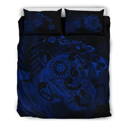 Hawaiian Map Turtle Tattoo Hibiscus Plumeria Polynesian Bedding Set - Blue - AH - J4