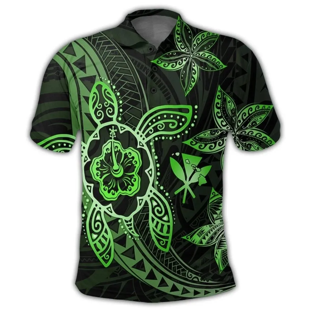 Alohawaii Shirt - Kanaka Map Hibiscus Plumeria Turtle Art Green Polynesian Polo Shirt - AH - JR