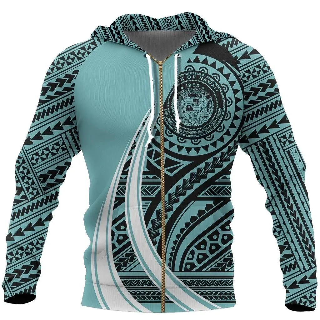 Hawaii Coat Of Arms Polynesian Zip-Up Hoodie Tattoo Style Blue - AH - J7