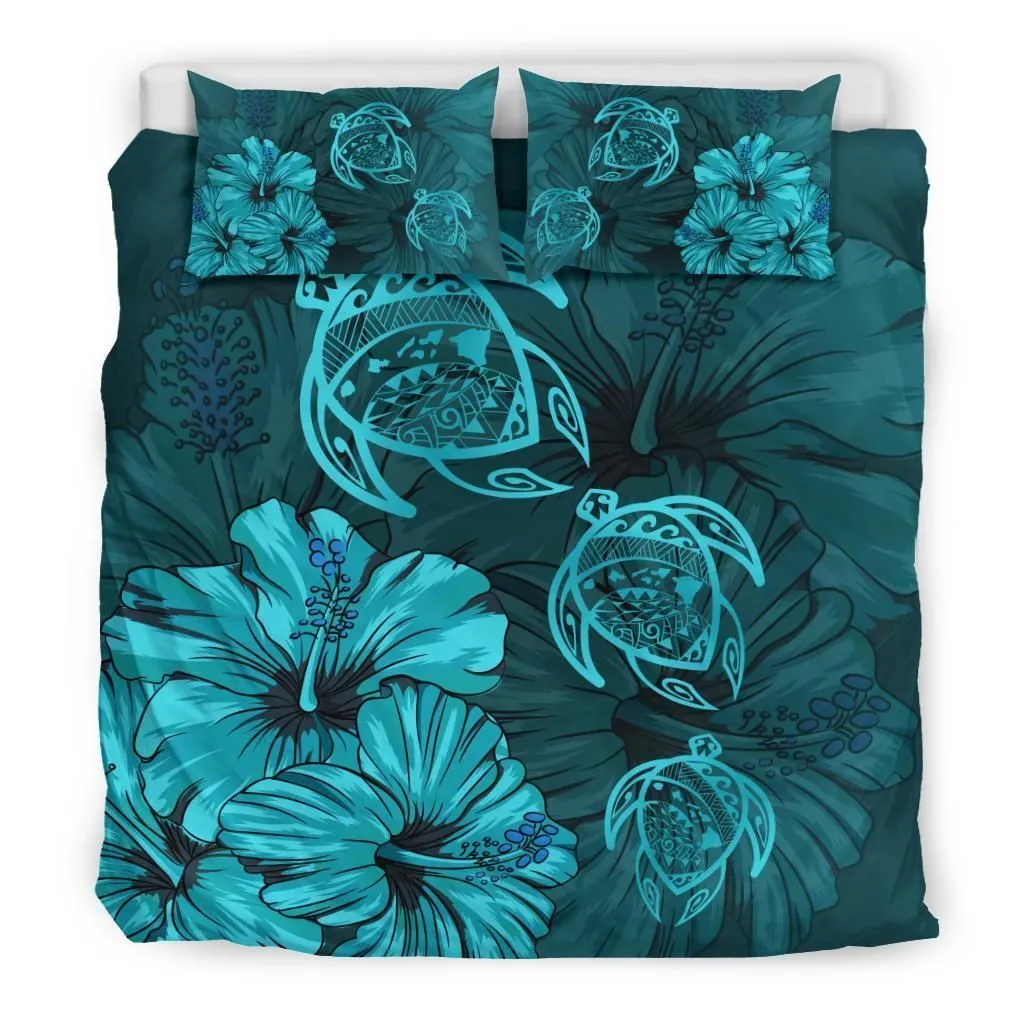 FamilyGater Bedding Set - Cover and Pillow Cases Hawaiian Map Turtle  Hibiscus Polynesian Vintage Turquoise - AH - J9