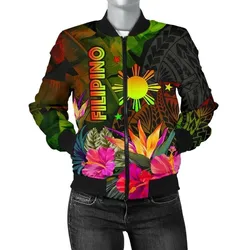 The Philippines Polynesian Women's Bomber Jacket -  Hibiscus and Banana Leaves - BN15