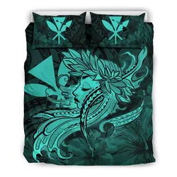 Hawaiian Map Hula Girl Hibiscus Kanaka Polynesian Bedding Set - Turquoise