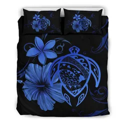 FamilyGater Home Set - Hawaiian Map Turtle Hibiscus Plumeria Polynesian Bedding Set - Blue - AH J4