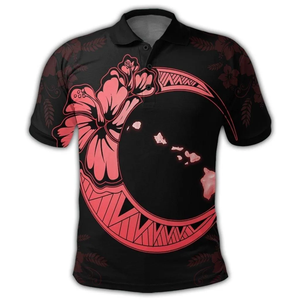 Hawaiian Map Hibiscus Turtle Polynesian Moon Polo Shirt Red