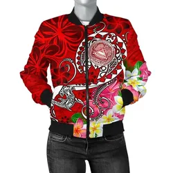 American Samoa Polynesian Women's Bomber Jacket - Turtle Plumeria (Red) - BN18