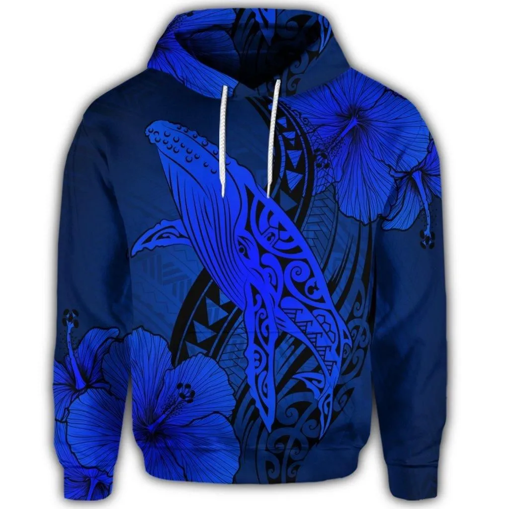 Hawaiian Map Whale Swim Hibiscus Polynesian Hoodie - Blue