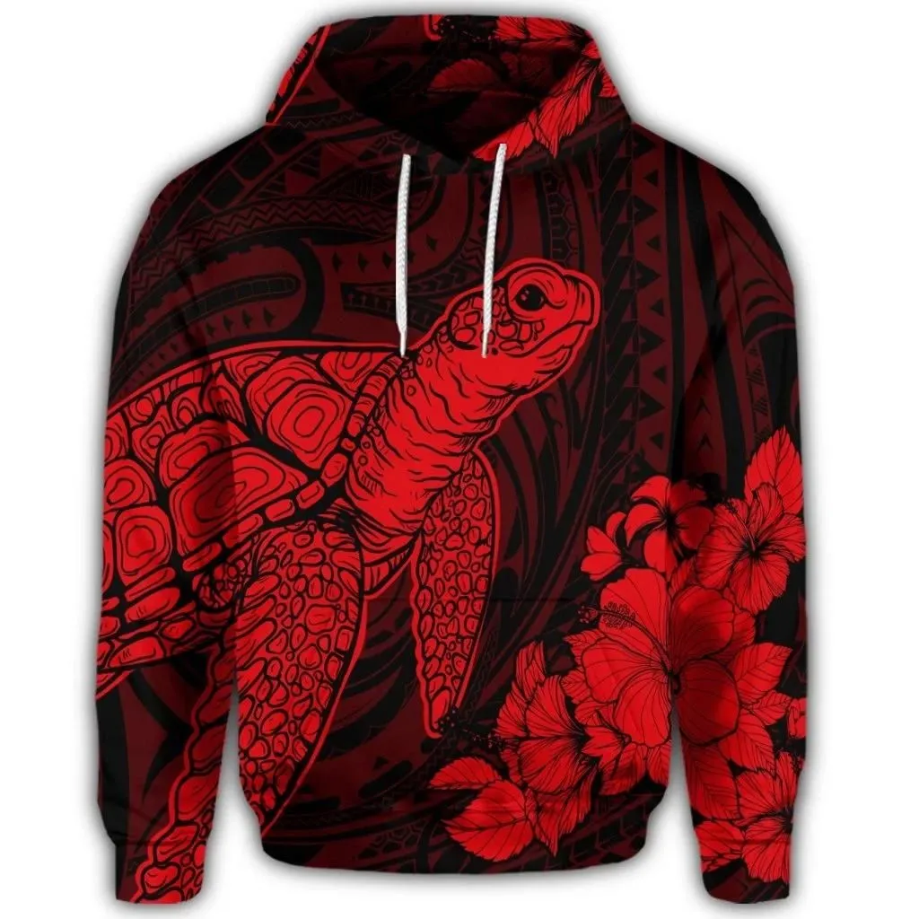 Alohawaii Hoodie - Hawaiian Hibiscus Memory Turtle Polynesian Hoodie Red - AH - JR
