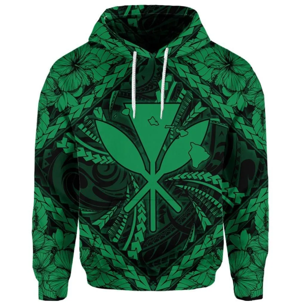 (Personalised) Hawaiian Map Kanaka Hibiscus Green Polynesian Hoodie - AH