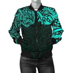 New Zealand Womens Bomber Jacket, Maori Polynesian Tattoo Turquoise